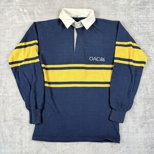 Vintage 80s Rugby Polo Mens Medium Navy Blue Striped Ontario Agriculture School